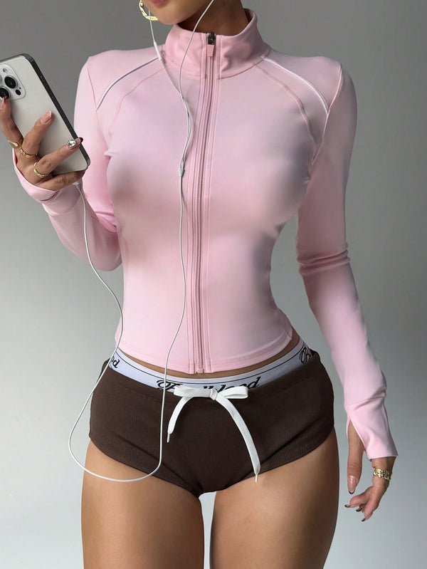 Short Contrast Color Sports Yoga Jacket Fitness Zip Long Sleeve Coat - Trendex
