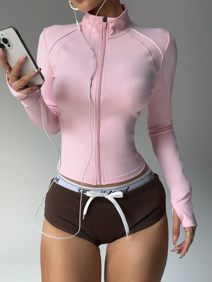 Short Contrast Color Sports Yoga Jacket Fitness Zip Long Sleeve Coat - Trendex