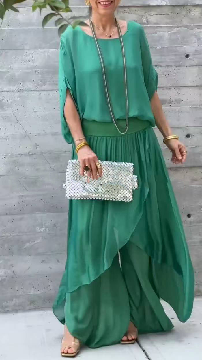 Loose Comfortable Top Split Wide Leg Pants Chiffon Casual Suit - Trendex