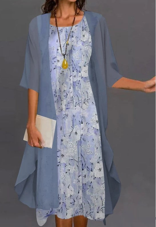 Printed Long Sleeve Loose Multi-color Two-piece Set Dress - Trendex