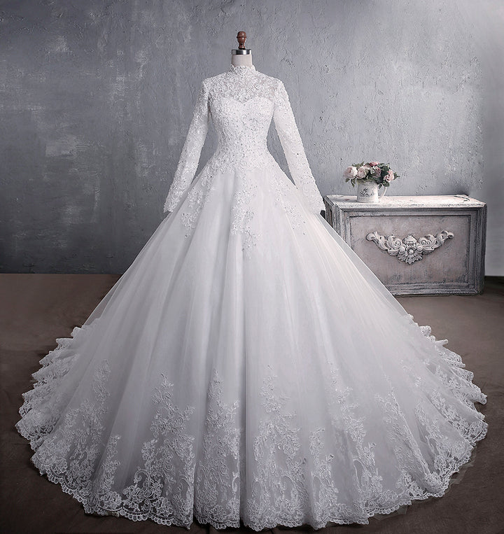 Lace Wedding Dress Bridal Stand-up Collar Long-sleeved Large Tail Large Size - Trendex