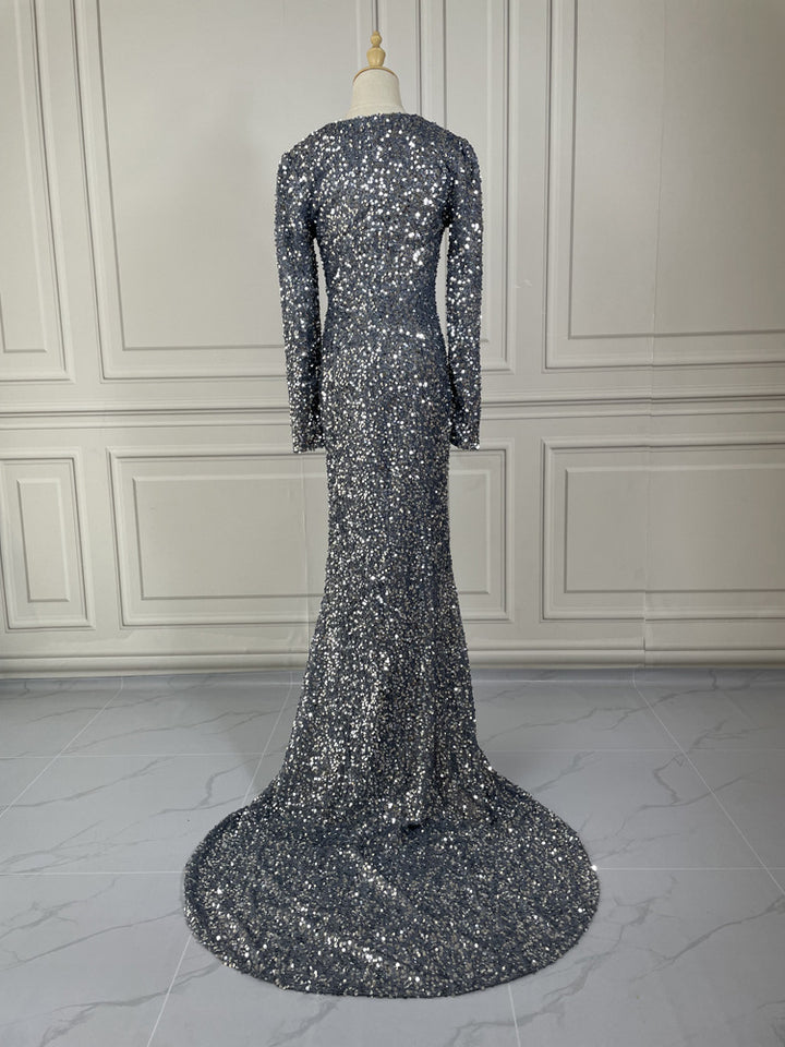 Grey Long Sleeve Sequin Evening Dress - Trendex