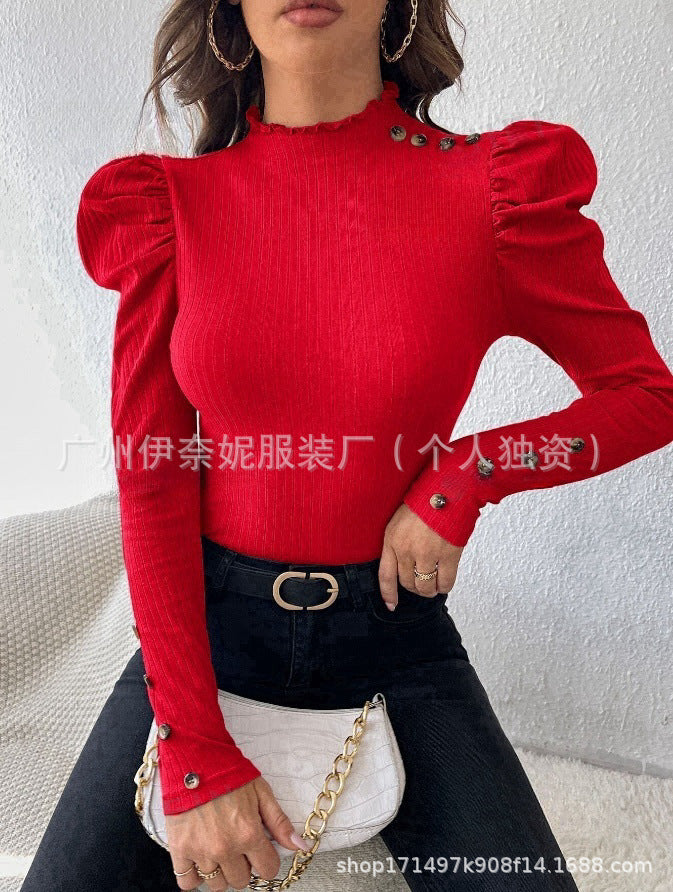 Bubble Sleeve Slim Leopard Buckle Personality Ruffled Top - Trendex