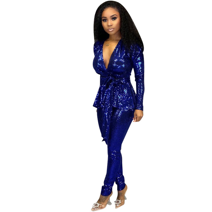Women's Slim-fit Fashion Bronzing Long-sleeved Two-piece Suit - Trendex
