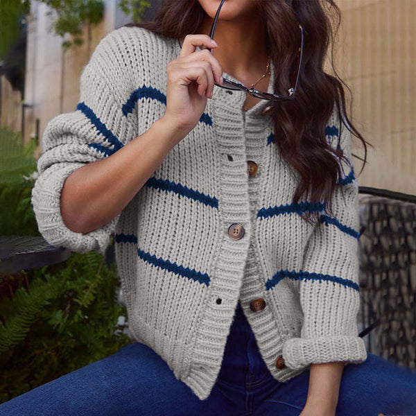 Fashion Stripes Loose Knitted Cardigan Coat Top - Trendex