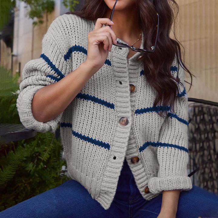 Fashion Stripes Loose Knitted Cardigan Coat Top - Trendex