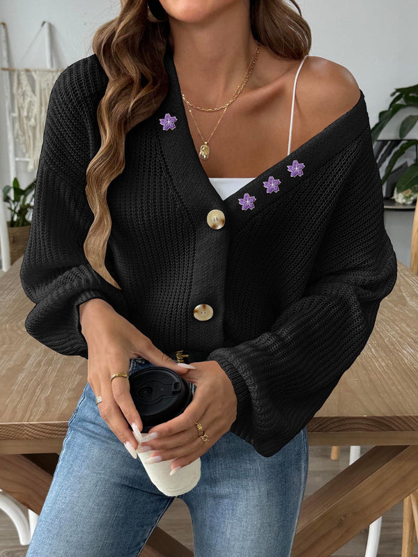 Embroidered Stickers Short Button Coat Sweater Cardigan - Trendex