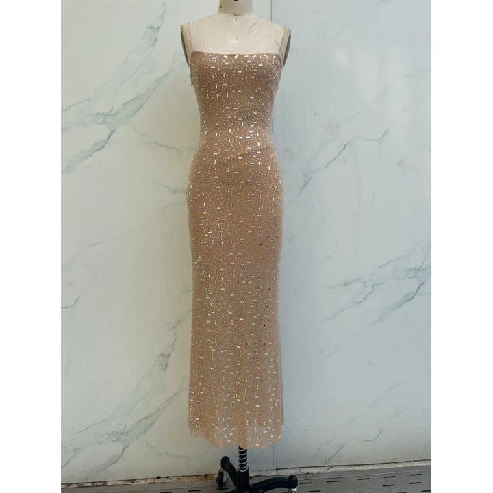 Elegant Nude & Black Sequin Spaghetti Strap Dress - High-End Luxury Slim Fit Long Dress For Parties, Birthdays & Special Occasions - Trendex
