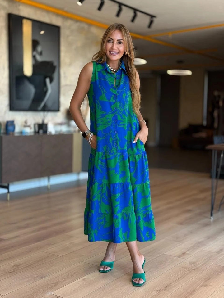 Fashion V-neck Sleeveless Printed Bohemian Dress - Trendex