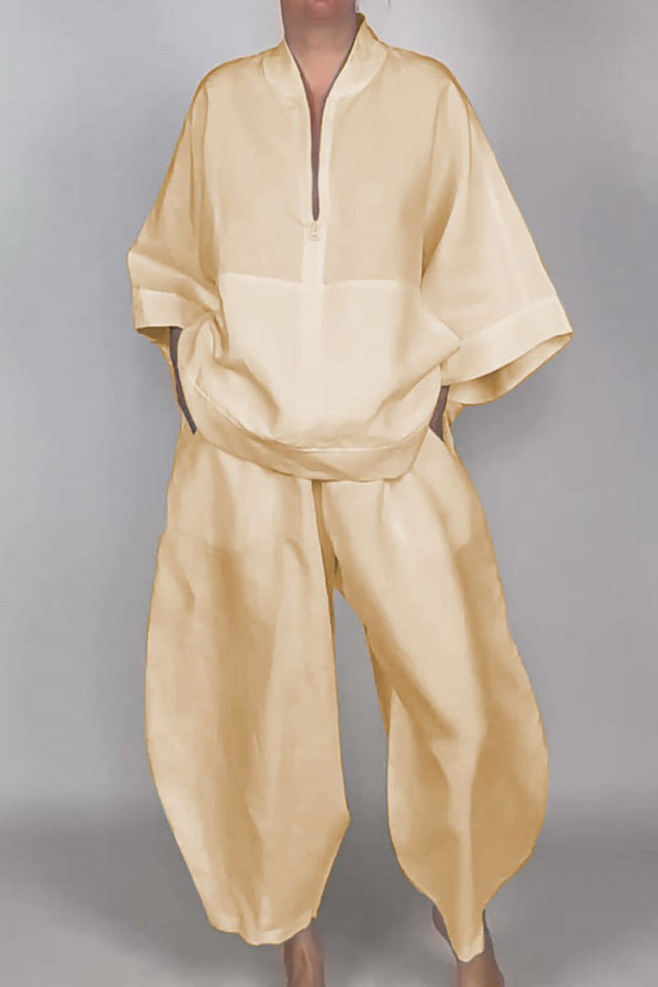Loose Casual Pocket Half Zipper Top Bud-shaped Pants Suit - Trendex