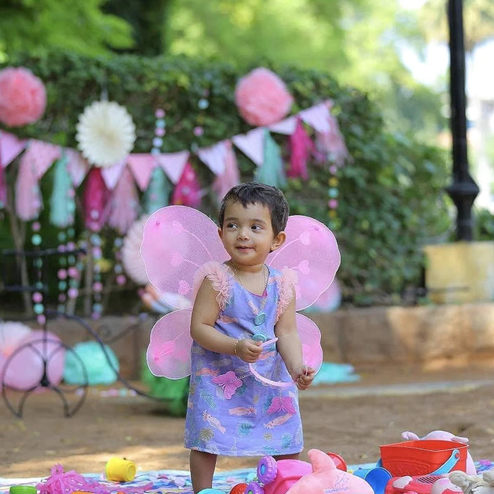 3293 Baby Girls Fairy Nylon Butterfly Wings Costume Butterfly Fairy Angel Wing Wand And Hairband Multi- Color For Party (1pc) - Trendex