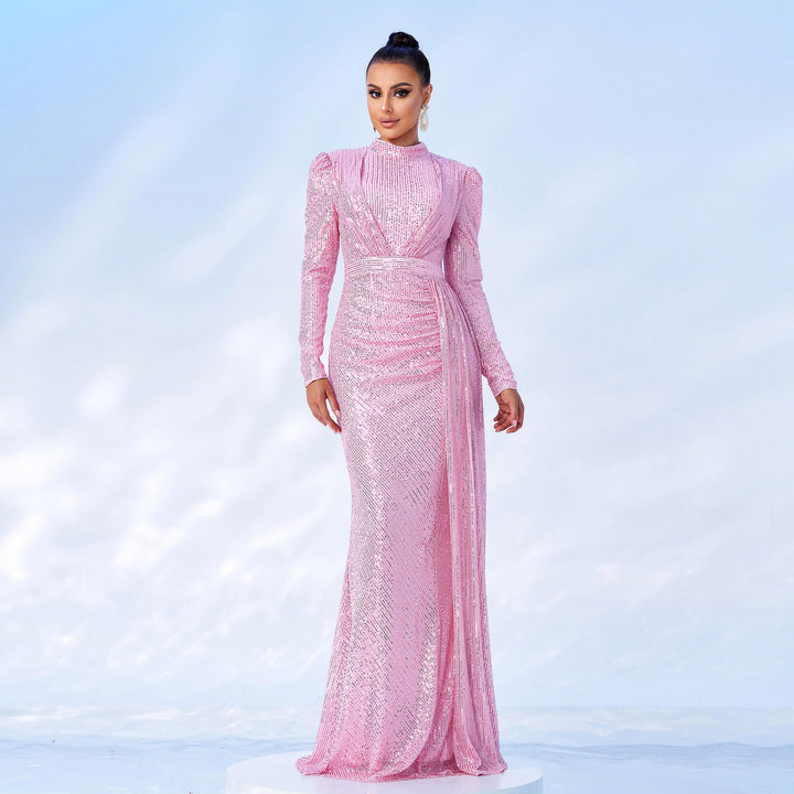 Long Sleeve Round Neck Sexy Slim Long Sequined Banquet Dress - Trendex
