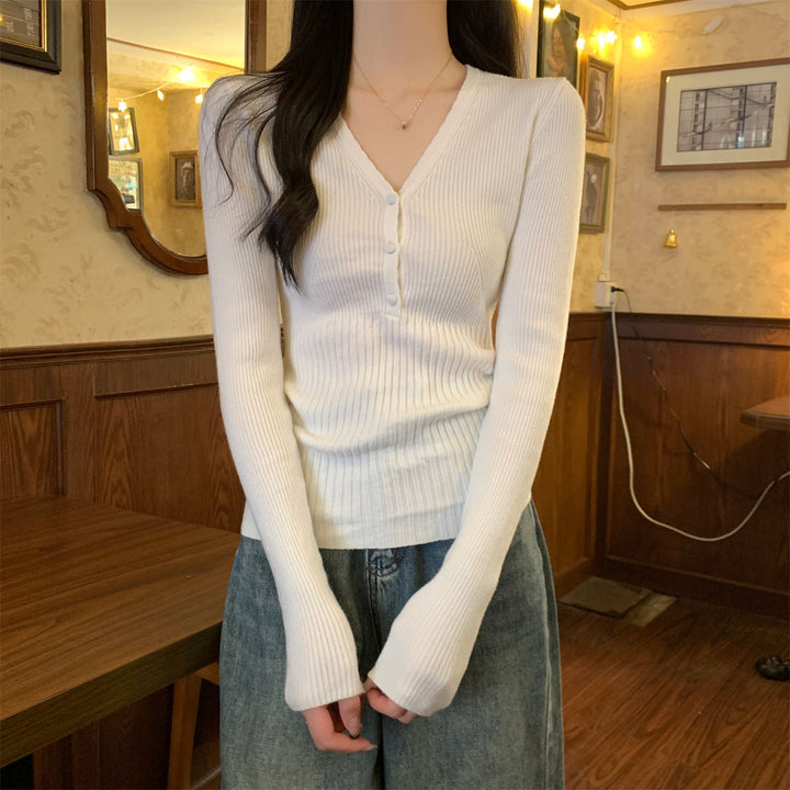 Waist-tight Slimming V-neckline Long-sleeved Women's Temperament Commute Pure Sweater - Trendex