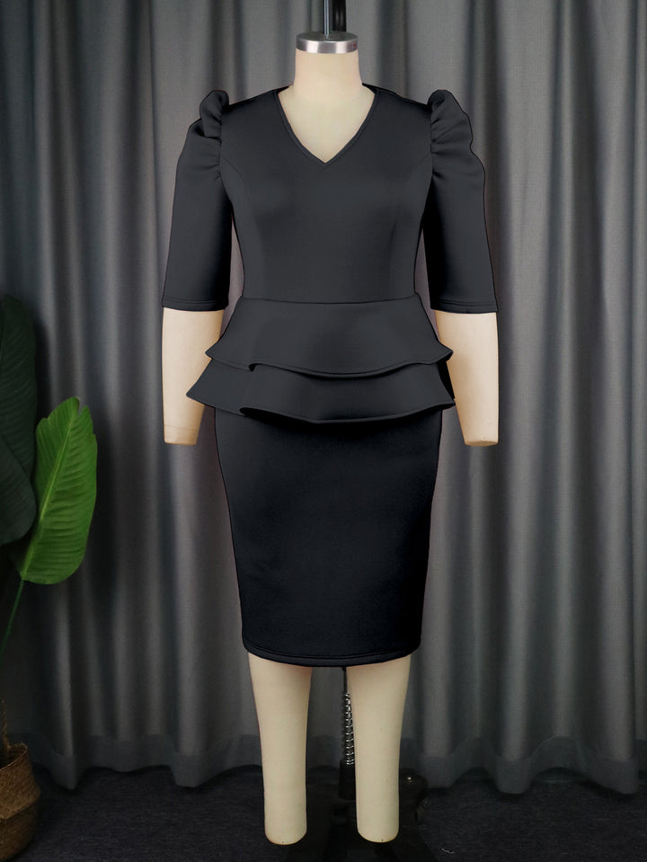 Pleated Sleeve Patchwork Meat Covered High Waist Dress - Trendex