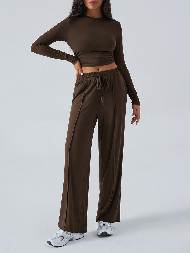 Tether Solid Color Waist Tight Fashion Wide Leg Casual Trousers Suit - Trendex