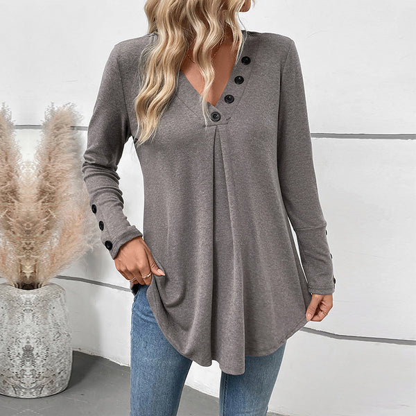 Casual Mid-length V-neck Solid Color Long-sleeve Women's Top - Trendex