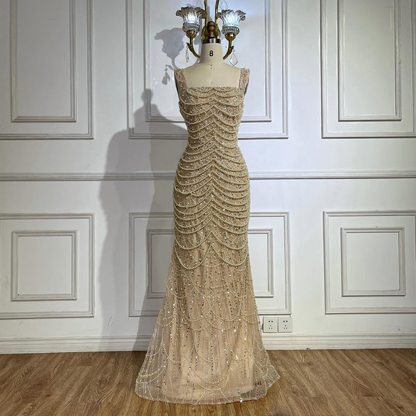 Nude Elegant Sling Light Luxury High-end Pearl Beaded Dress - Trendex