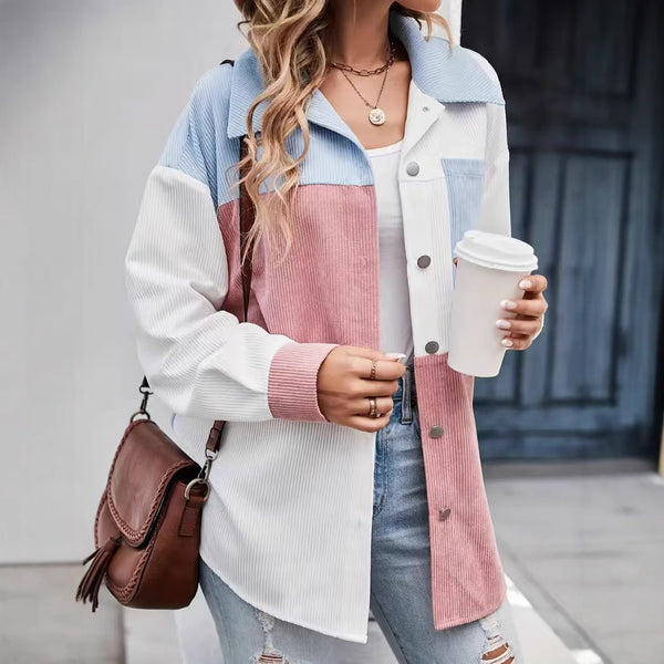 Color Matching Rope Shirt Color Matching Patch Pocket Drop Shoulder Corduroy Coat - Trendex