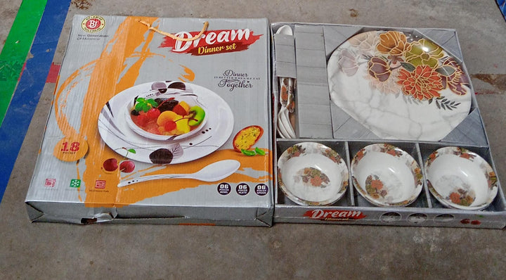 8231 Dream High Quality Plastic Dinning Dinner Set With Unique Flower Design Printed 6 Pc Plates 6 Pc Bowls And 6 Pc Serving Spoon Lightweight Round Plates And Bowls Microwave And Dishwasher Safe (18 Pcs Set) - Trendex