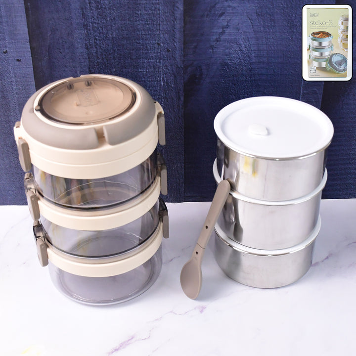 Ganesh Steko-3 Triple Layer Stainless Steel Insulated Lunch Box Set - Trendex