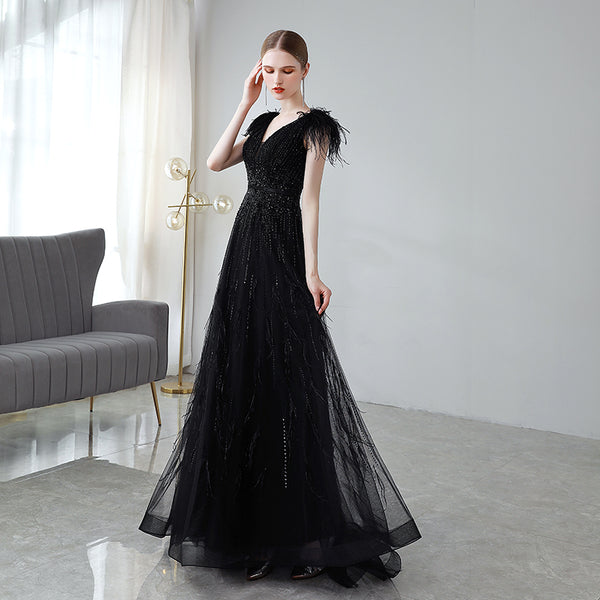 Black Double Shoulder Evening Dress Woman - Trendex