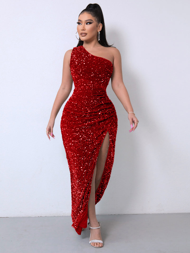 Foreign Trade Sleeveless One Shoulder Slash Neck Sequins Gorgeous Slit Women's Dress - Trendex