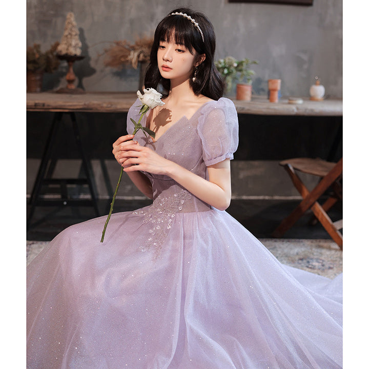 HOOR Women Luxury Puff Sleeve Backless Shiny Prom Gown - Trendex
