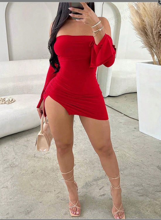 Sexy Off-the-shoulder Fashion Wrapped Chest Split Hip Hot Girl Dress - Trendex