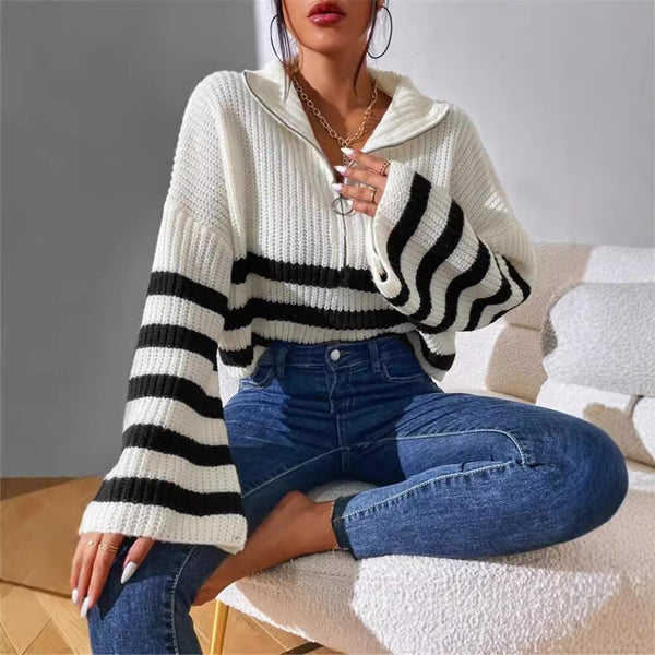 New Striped Contrast Color Stand-up Collar Knitted Pullover Sweater Outerwear Women - Trendex