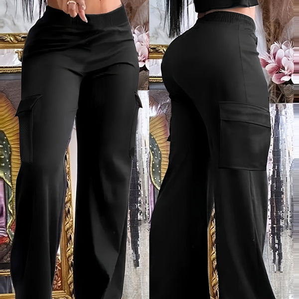Black Wide Leg Multi-pocket Comfortable Trousers - Trendex