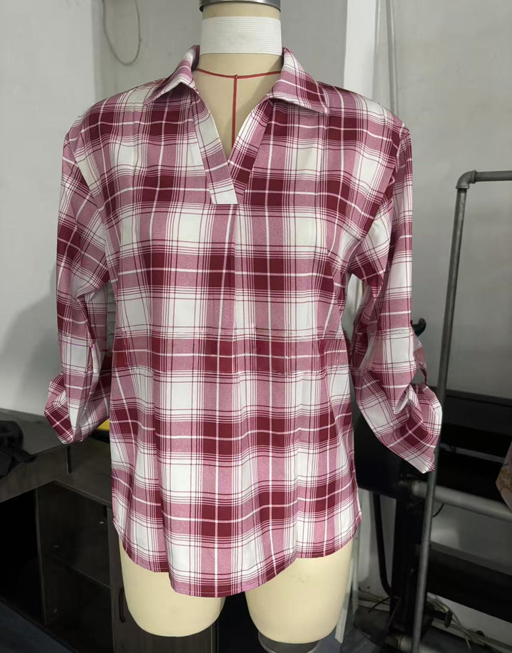 Women's Long Sleeve V-Neck Plaid Shirt - Loose Fit Polyester Blouse With Button-Down Collar For Casual & Office Wear - Trendex