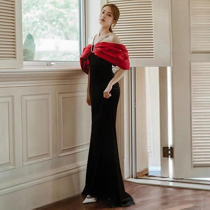 Premium Sense Wine Red Engagement Fishtail Temperament One Line Shoulder Evening Dress - Trendex
