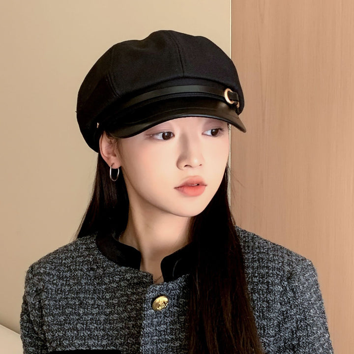 Casual Face-showing Small Peak Cap Octagonal Cap Leather Brim Hat With Buckle - Trendex