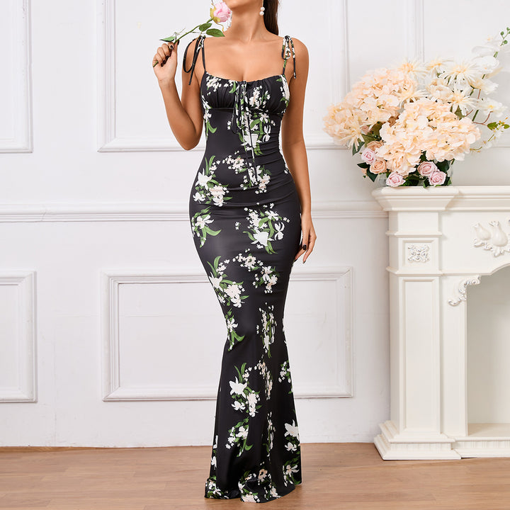 Floral Ruffle Back Tie Halter Maxi Bodycon Mermaid Dress With Multiple Patterns - Trendex