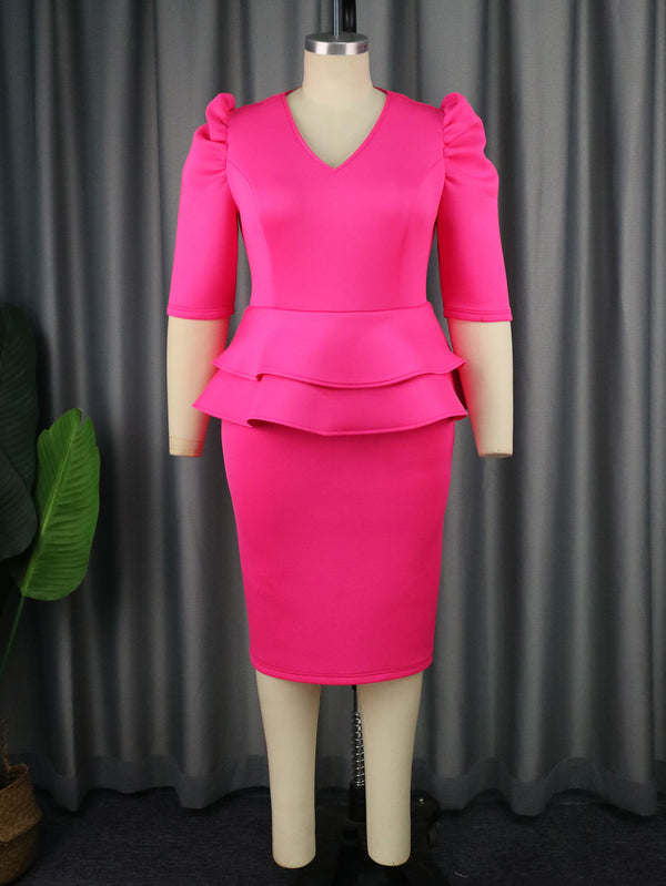 Pleated Sleeve Patchwork Meat Covered High Waist Dress - Trendex
