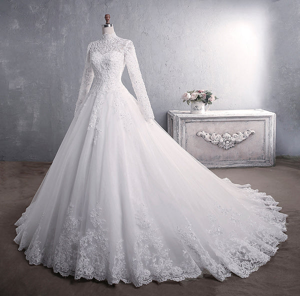 Lace Wedding Dress Bridal Stand-up Collar Long-sleeved Large Tail Large Size - Trendex
