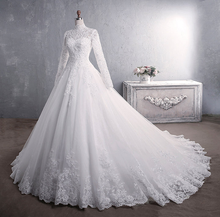 Lace Wedding Dress Bridal Stand-up Collar Long-sleeved Large Tail Large Size - Trendex