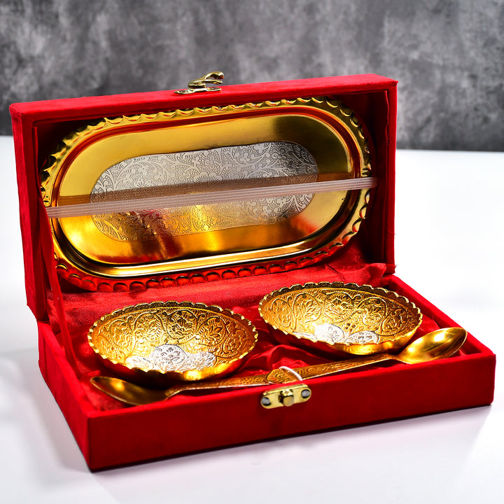 2947 Gold Silver Plated 2 Bowl 2 Spoon Tray Set Brass With Red Velvet Gift Box Serving Dry Fruits Desserts Gift - Trendex