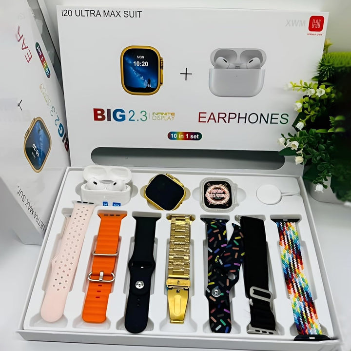 10 In1 Set Ultra Smart Bluetooth Calling Smartwatch + Earphones With Transparent Screen Guard Watch With Seven Classic Straps (Mix Color) - Trendex