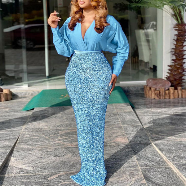 European And American New Embroidered Beaded Sky Blue Evening Dress - Trendex