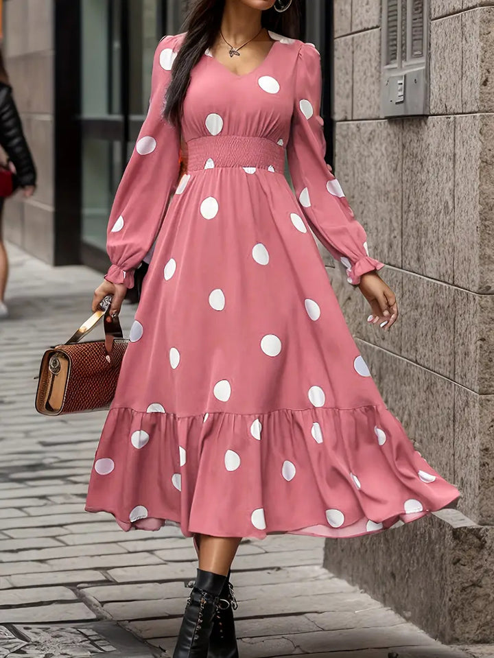 V-neck Long Sleeve Ruffled Hem Dress - Trendex