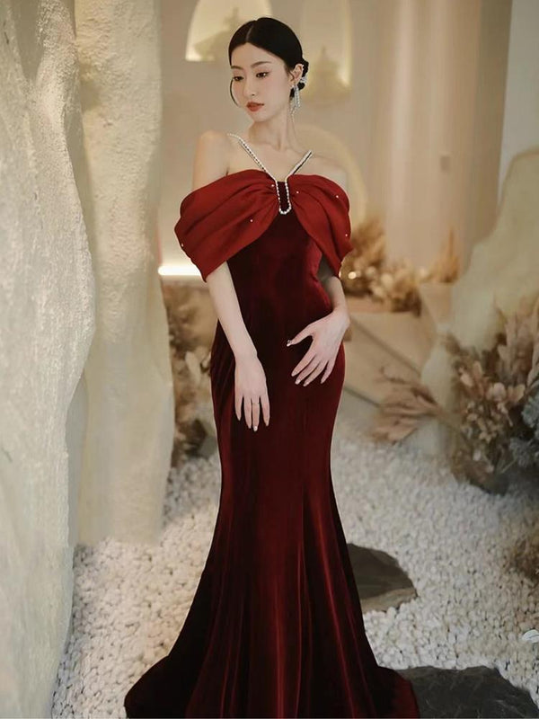 Premium Sense Wine Red Engagement Fishtail Temperament One Line Shoulder Evening Dress - Trendex