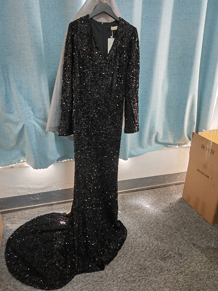 Grey Long Sleeve Sequin Evening Dress - Trendex