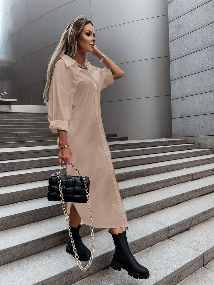 Autumn Fashionable With Side-slit Loose Casual Solid Color Shirt Dress - Trendex