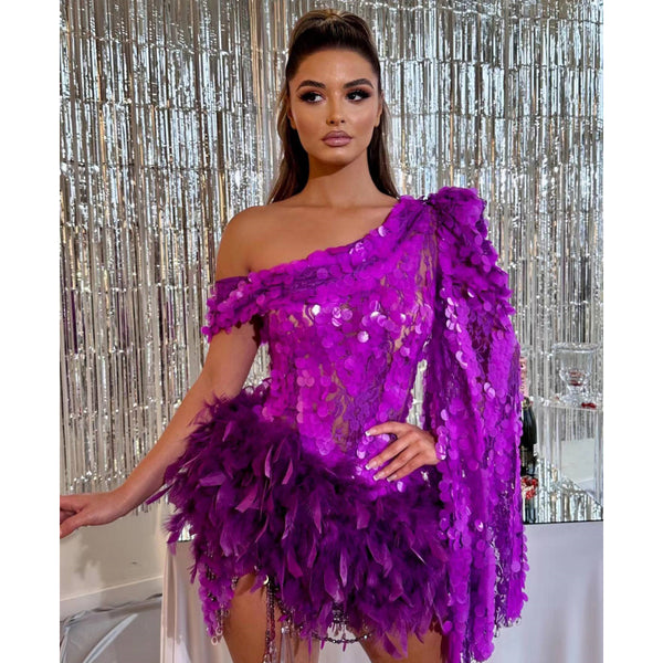 Purple Sequined Feather Skirt One-shoulder Sleeve Short Dress Luxury Party Stage Performance Dress - Trendex