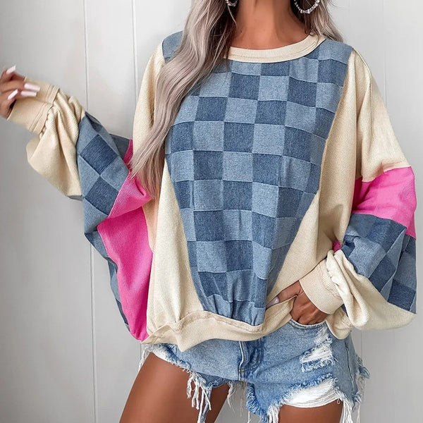 Sky Blue Oversized Checkered Denim Exposed Seam Patchwork Casual Sweatshirt - Trendex