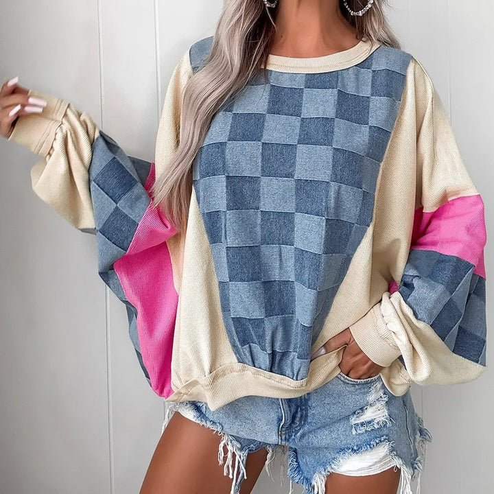Sky Blue Oversized Checkered Denim Exposed Seam Patchwork Casual Sweatshirt - Trendex