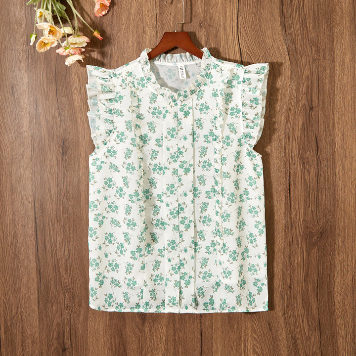 Sleeveless Ruffled Floral Women's Loose Sweet Chiffon Printed Top - Trendex