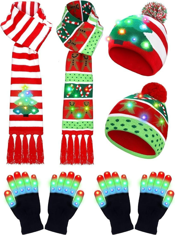 LED Christmas Knitted Hat Scarf Gloves Three-piece Set - Trendex