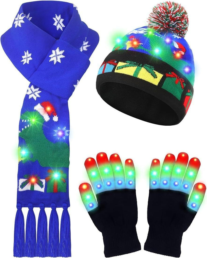 LED Christmas Knitted Hat Scarf Gloves Three-piece Set - Trendex